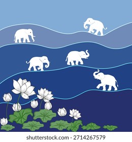 Calm vector illustration of white elephants walking in line above blooming white lotus flowers and flowing blue waves, ideal for textile prints, wallpapers, and decorative background designs.