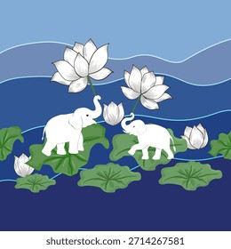 Ilustración vectorial tranquila de elefantes blancos caminando en línea por encima de florecientes flores de loto blanco y ondas azules que fluyen, ideal para impresiones textiles, Fondos de pantalla y diseños de fondo decorativo.