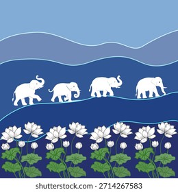 Ilustración vectorial tranquila de elefantes blancos caminando en línea por encima de florecientes flores de loto blanco y ondas azules que fluyen, ideal para impresiones textiles, Fondos de pantalla y diseños de fondo decorativo.