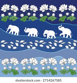 Ilustración vectorial tranquila de elefantes blancos caminando en línea por encima de florecientes flores de loto blanco y ondas azules que fluyen, ideal para impresiones textiles, Fondos de pantalla y diseños de fondo decorativo.