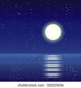 Calm water. Summer holidays background. Sea, starry night sky, moon and moonlight, glare on the water. Vector illustration EPS 10. 