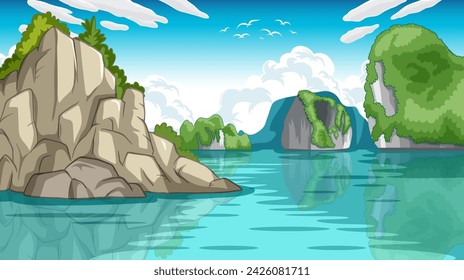 Calm waters surrounded by vibrant forested cliffs