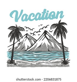 Calm waves on the beach with trees illustration