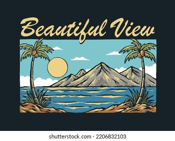 Calm waves on the beach with trees illustration