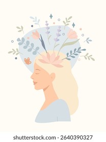 Calm wellness portrait of a woman with blonde hair and botanical elements growing from her head. Flat style illustration for mindfulness, mental health, self-care, beauty, and lifestyle.