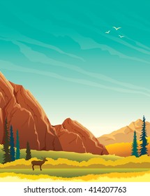 Calm wild nature - vector autumn landscape with mountains, forest and silhouette of deer.