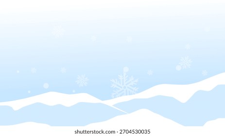 Ilustración de paisaje de invierno tranquilo con colinas nevadas, pinos y cielo azul suave con copos de nieve suaves