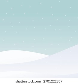 Calm winter landscape illustration, simple snowy hills background with mint green sky and snowflakes