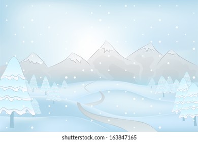 calm winter mountain outdoors with snowy trees at snowfall vector illustration