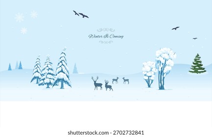 A calm winter scene with snow-covered trees, gentle snowfall, deer silhouettes, and flying birds. Perfect for holiday themes, Christmas designs, seasonal cards, and winter nature projects.