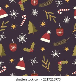 Calm winter seamless pattern with Santa hat, Christmas tree, hot cocoa cup, mistletoe and snowflakes on a dark background. 