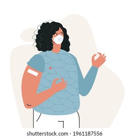Calm woman after vaccination concept cartoon flat vector illustration. Time to vaccinate for immunity health. Minimalist modern template isolated on white background for web design, posters, cards