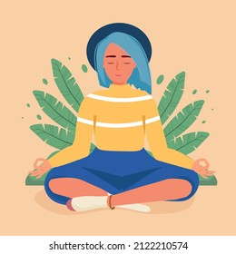 Calm woman with closed eyes and crooked legs meditating in yoga lotus position in nature. Illustration for yoga, meditation, relaxation, rest, healthy lifestyle. Vector flat cartoon illustration