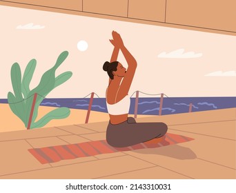 Calm woman with closed eyes and crooked legs meditating in yoga lotus position on the seashore. Mental health. Meditation practice. Zen and harmony concept. Recovery. Color flat vector illustration.