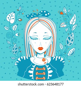Calm woman with closed eyes with flowers around her. Flat art. Vector illustration.