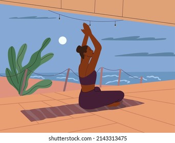 Calm woman with closed eyes meditates at night on the seashore. The girl is sitting in the lotus position. Mental health. Flat vector illustration