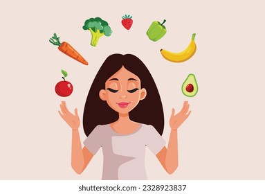 
Calm Woman Contemplating a Healthy Lifestyle and Eating Habits Vector Cartoon. Happy cheerful girl focused on natural organic ingredients 
