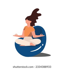 calm woman and croosed legs meditating in lotus yoga posture. Meditation practice. The concept of zen and harmony. flat vector illustration