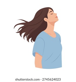 Calm woman doing breathing exercise. Mindfulness, relaxation, mental health and self-care concept. Flat vector illustration