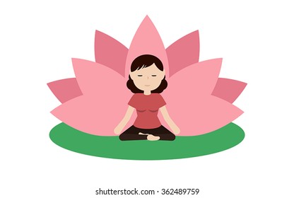  Calm woman is doing yoga and sitting in the lotus position with pink petals of a lotus flower behind. Isolated on white background Flat illustration. 