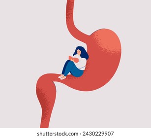 Una mujer tranquila tiene un estómago sano. Happy Girl se sienta en el gástrico grande. Concepto de Examen médico y prevención del aparato digestivo. Ilustración vectorial de la anatomía del sistema digestivo humano