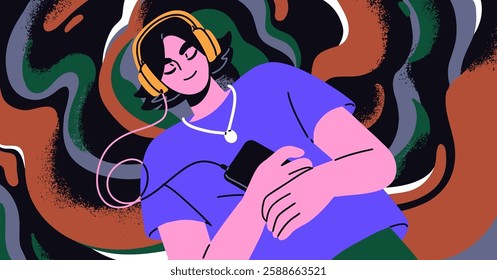 Calm woman listening to relaxing music with headphones and mobile phone app. Young girl enjoying peaceful melody, soothing sound, for sleep, relaxation and peace, meditation. Flat vector illustration