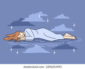 Mujer tranquila durmiendo en el espacio entre las estrellas. Niña relajada disfrutando del sueño tranquilo en el cielo oscuro de la noche. Soñar y relajarse. Ilustración vectorial. 