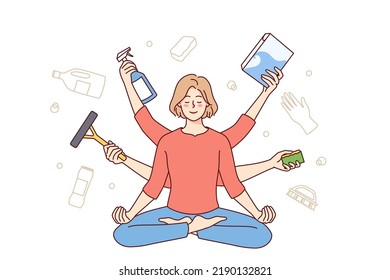 Calm woman meditating distracted from daily activity and chores. Relaxed housewife sitting with mudra hands practice yoga relieve stress. Vector illustration. 