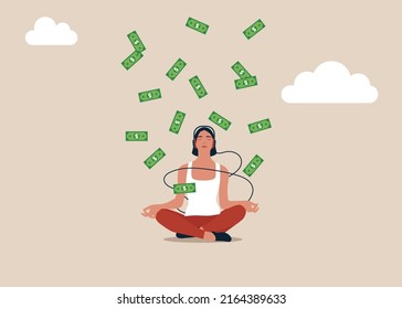 Calm Woman Meditating With Falling Money Banknotes Income. Money Or Financial Mindset, Get Rich Or Ambition To Growth Revenue, Success Investment And Savings Or Attitude To Grow Business. 