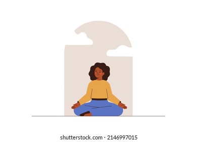 Calm woman meditating near the window for saving mental health. African American female relaxing in lotus posture. Balance, harmony and mindfulness concept. Vector illustration