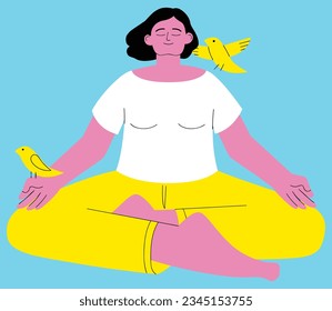 Mujer tranquila meditando yoga pose con aves en ilustración vectorial de la naturaleza