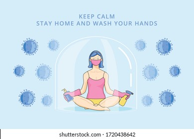 Calm woman meditating surrounded by a virus protection bubble