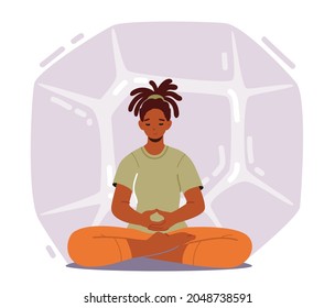 Calm Woman Practicing Yoga Meditation in Lotus Pose for Less Stress and Reaching Nirvana or Zen. Empowerment, Healthy Lifestyle, Relaxation, Balance or Harmony with Nature. Cartoon Vector Illustration