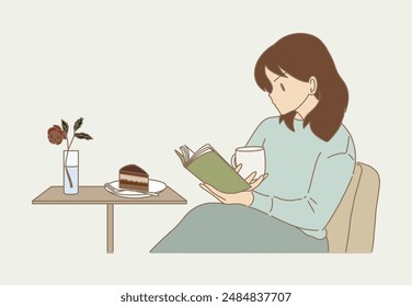 Calm woman reading book, holding mug of hot drink, sitting on sofa in cafe, rose in vase, cake on table. Hand drawn flat cartoon character vector illustration.