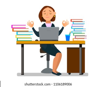 Calm woman relaxing meditating with laptop, no stress free relief at work concept. Vector illustration in a flat style.