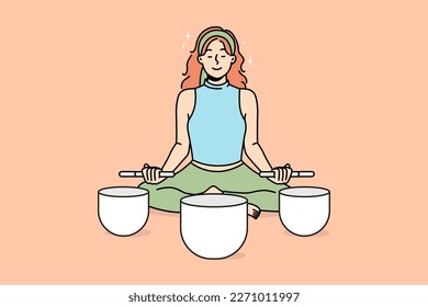 La mujer tranquila sentada en loto posan meditando con los bolos. Una mujer relajada se involucró en la meditación con los tazones del Himalaya. Concepto de alivio de estrés. Ilustración vectorial. 