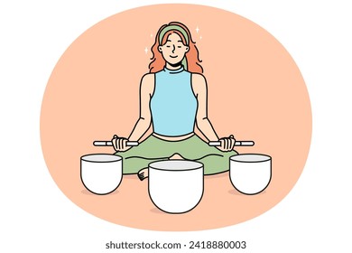Calm woman sit in lotus pose meditate with singing bowls. Relaxed female engaged in meditation with Himalayan bowls. Stress relief concept. Vector illustration.