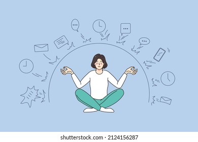 Calm woman sit in lotus position meditate distract from work deals and job troubles. Relaxed female practice yoga have digital detox. Meditation concept. Stress free. Vector illustration. 