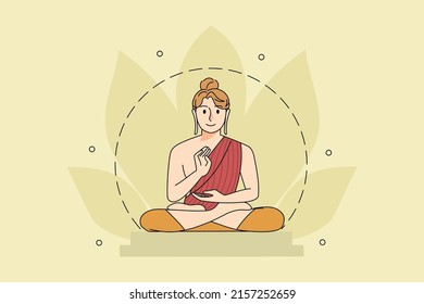 Calm woman sit in lotus position pray and meditate. Happy person during indian Buddha Purnima festival. Congratulation of Vesak day. Yoga and meditation. Vector illustration. 
