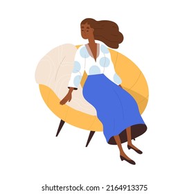 Calm woman sitting in armchair, relaxing, enjoying wind in hair. Peaceful girl resting in chair in peace, serenity, dreaming with closed eyes. Flat vector illustration isolated on white background