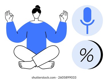 Calm woman sitting cross-legged with hands in zen pose, microphone and percentage symbols in circles. Ideal for mindfulness apps, podcast covers, meditation guides, relaxation content, wellness