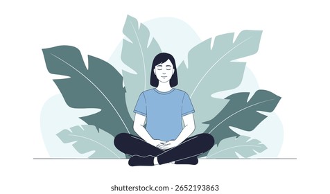 Calm woman sitting in meditation pose surrounded by lush green leaves achieving inner peace and tranquility through mindful practice