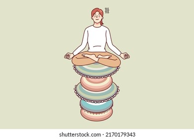 Calm woman sitting on stack of zen rocks meditating. Peaceful female practice yoga involved in meditation session. Healthcare and peace. Vector illustration. 