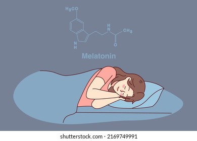 Calm woman sleeping in bed having melatonin hormone produced  Happy girl asleep at home  enjoying peaceful nap dream  Healthy sleeping   science  Vector illustration  