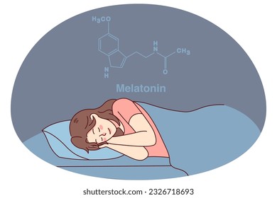 Calm woman sleeping in bed having melatonin hormone produced. Happy girl asleep at home, enjoying peaceful nap or dream. Healthy sleeping and science. Vector illustration.