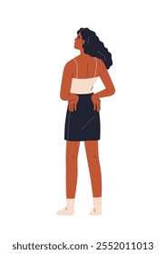 Mujer tranquila de pie, vista trasera. Mujer en pose reflectante con los ojos cerrados, manos en las caderas. Meditativa chica serena pacífica, contemplación. Ilustración vectorial plana aislada sobre fondo blanco