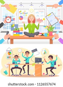 Calm woman and stressed man at office work set. Girl meditates on table while given orders, angry guy screams or has headache vector illustrations.
