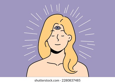 Calm woman with third eye on forehead use intuition for decision making. Girl psychic think with mind and heart. Spirituality and esotericism. Vector illustration. 