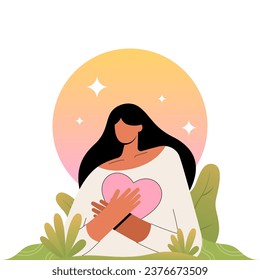 Calm women with hand on chest holding heart  illustration, feeling self love, kind heart, happy calm peaceful. Caring and humanity in colored vector design