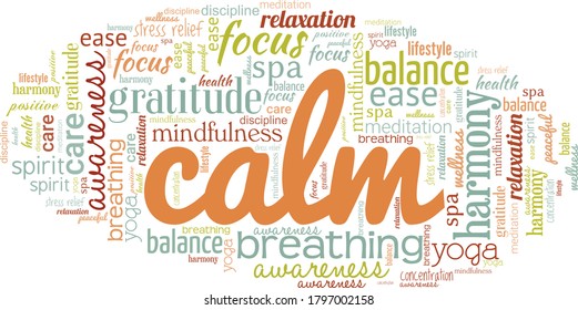 Calm word cloud isolated on a white background. 